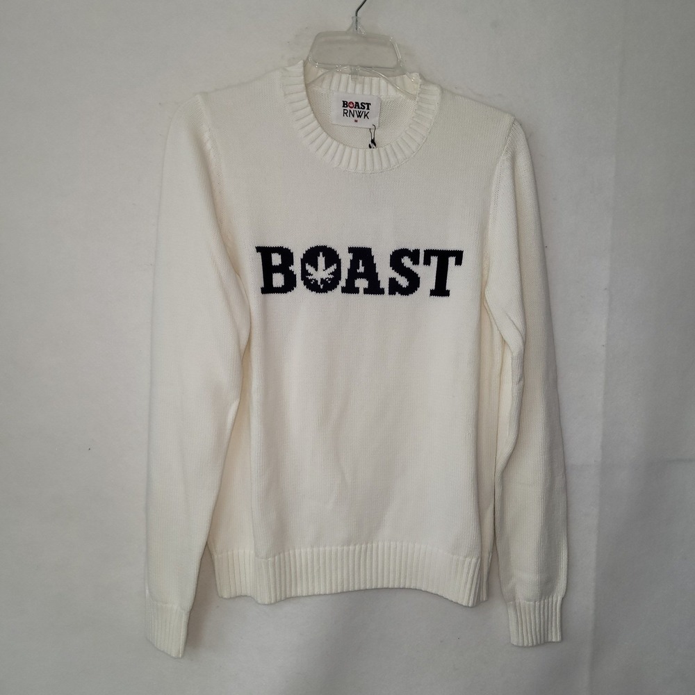 BOAST x RNWK White Cotton Intarsia Logo Sweater Womens‎ M Rib Trim New *Flaw
